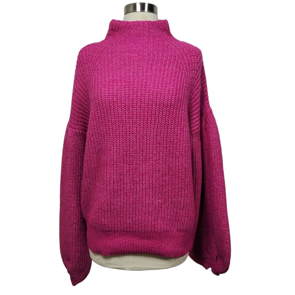 Scoop Hot Pink Long Balloon Sleeve Mock Neck Knit Casual Cozy Sweater Medium